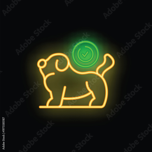 Neon sign showing a dog with a green check mark above, symbolizing pet adoption