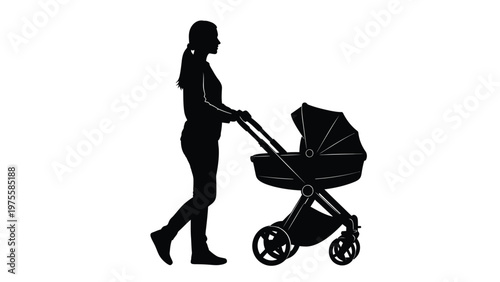 Silhouette of a woman walking and pushing a baby stroller carriage on a white background view