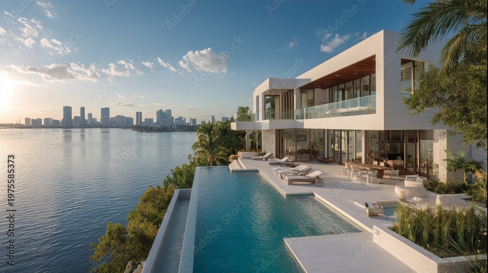Fototapeta premium A luxurious modern house with a large pool overlooking a city skyline and a body of water