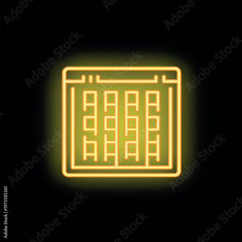 Glowing neon yellow hotel booking app icon, symbolizing online accommodation reservations and travel planning