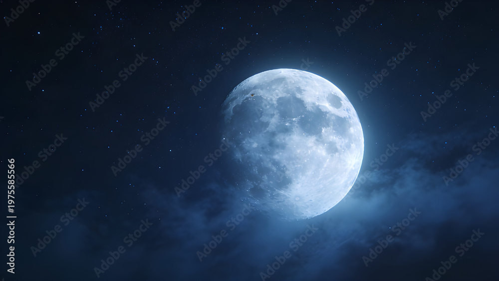Fototapeta premium Mysterious luminous full moon glowing brightly in the dark night sky shrouded by ethereal wisps of clouds