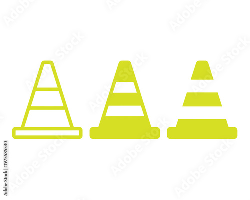 Yellow traffic cone icons collection including solid and outline versions for road safety construction and warning sign design.