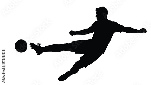 Soccer player kicking ball in dynamic action pose silhouette on isolated white background
