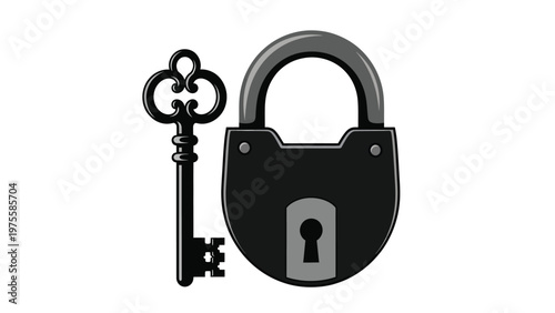 Vintage style padlock and skeleton key in black and white for security concepts
