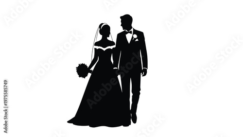 Wedding couple silhouette walking together wearing formal attire isolated on white background