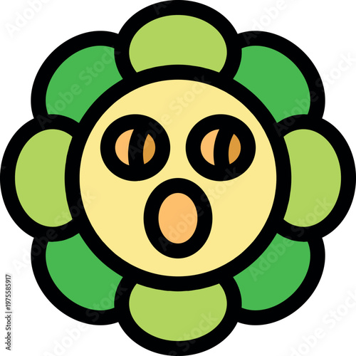 Cartoon daisy with a screaming expression, wide open eyes and mouth, ideal for children's illustrations or playful designs