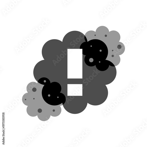 Black PM2.5 dust particles air pollution with white exclamation mark warning icon flat vector design