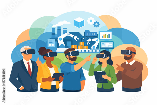 Diverse Team Using VR Headsets for Industrial Simulation and Planning