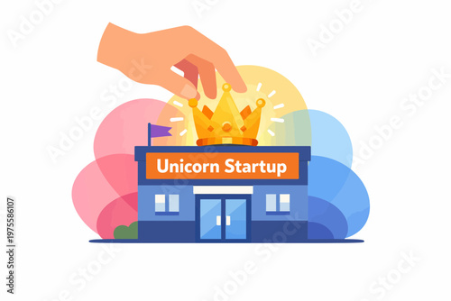Venture Capital Hand Placing Crown on Unicorn Startup Building
