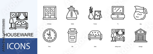 houseware  Icon Set Collection Pack Vector Illustration Concept. Containing Window, Kettle, Frame, Tv, Jug icon