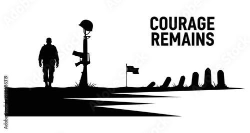 Silhouette soldier walks past fallen comrades memorial with rifle and helmet