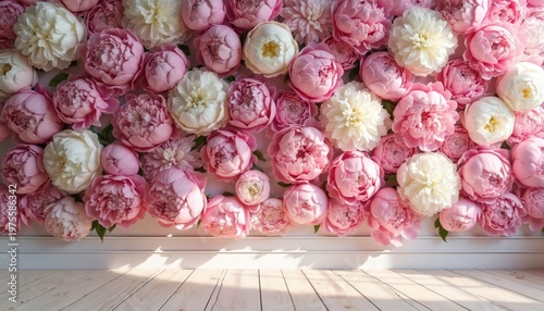 Pink and white peonies cover wall creating floral backdrop for event or interior design. Natural light illuminates wooden floor with shadow patterns.
