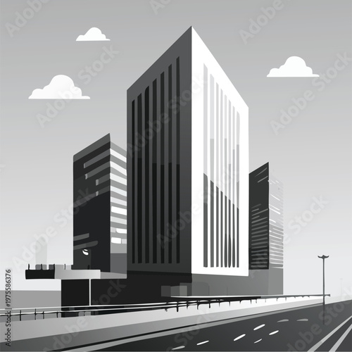 Modern cityscape illustration high rise buildings on road with clear sky