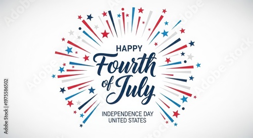 Happy fourth of july celebration red, white, blue stars fireworks on white background