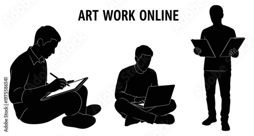 Silhouettes of artists working on creative projects with digital tools and sketchbooks