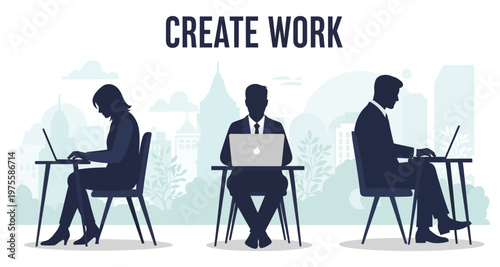 Silhouettes of diverse professionals working on laptops in an urban park setting during the day