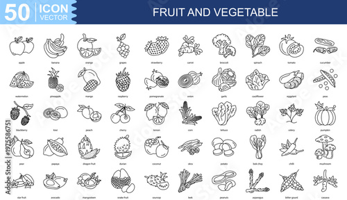 Fruit and Vegetables  Icon Set Collection Pack Vector Illustration Concept. Containing apple, banana, orange, grapes, strawberry icon