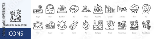 natural disaster  Icon Set Collection Pack Vector Illustration Concept. Containing Volcano, Forest Fire, Landslide, Avalanche, Storm, Hail icon