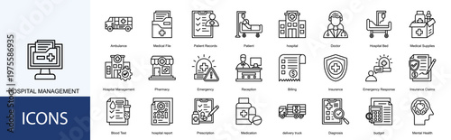 hospital management  Icon Set Collection Pack Vector Illustration Concept. Containing Patient, hospital, Doctor, Hospital Bed, Medical Supplies icon