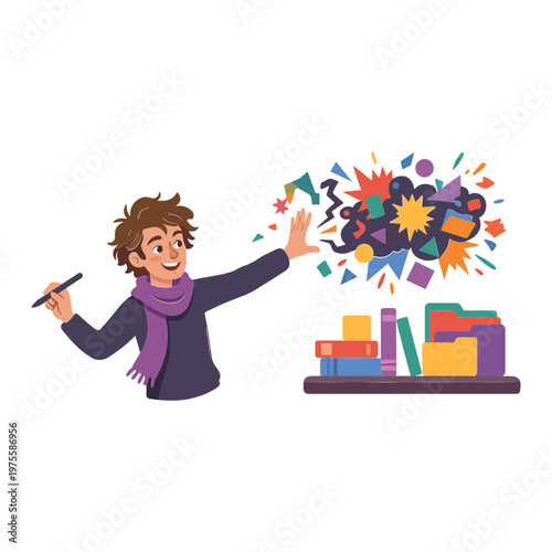 A man excitedly gestures towards a chaotic explosion of colorful shapes and letters emerging from a stack of books.