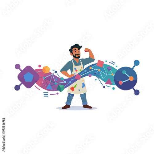 A man in an apron flexes with colorful molecular structures floating around him.