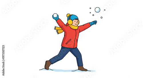Joyful illustration of a young child dressed in a warm red winter jacket and blue hat throwing a snowball during a snowy day.
