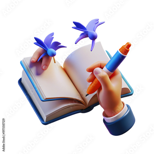 Hand Drawing and Writing in Open Book with Flying Birds and Night Sky Illustration