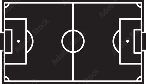 Minimalist soccer field top view vector, black and white football pitch layout, professional sports stadium ground plan for tactical analysis