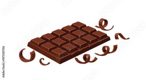 Realistic illustration of a dark chocolate bar with several pieces and elegant chocolate curls or shavings around it on a white background.