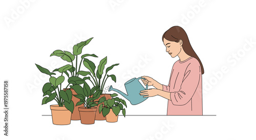 Calm illustration of a young woman with long hair carefully watering several indoor potted plants with a blue watering can.