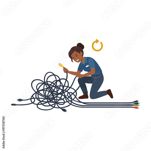 Woman fixing a tangled mess of colorful wires and cables on the floor