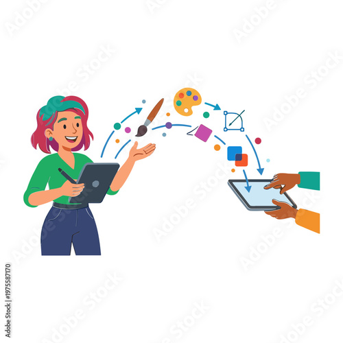 A woman shares creative digital art with another person using a tablet and stylus outdoors.