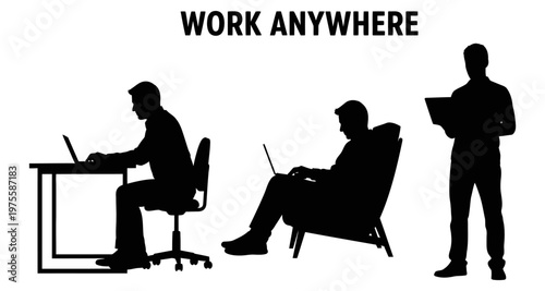 Silhouettes of men working remotely at a desk in a lounge chair and standing with a tablet