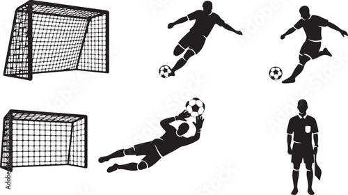 Soccer player silhouettes and football goal set, black athletic icons of goalkeeper and referee, professional sports vector elements for competition