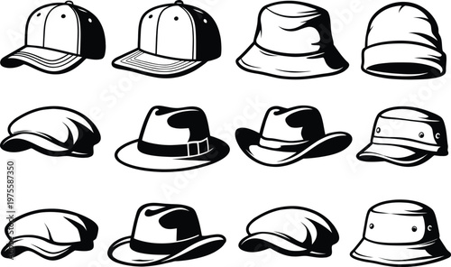Collection of hand-drawn cowboy hats in various styles and designs
Hand drawn black and white collection of various hats including beanie, bowler, baseball cap, bucket hat, visor, beret, and bow tie