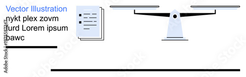 Law, justice, decision-making, legal services, ethics fairness. A balance scale next to stacked papers. Law and justice concepts. Line metaphor. Simple line icons