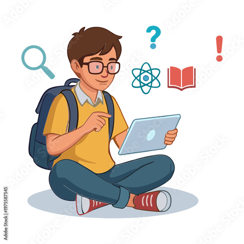 A boy sits cross-legged on the floor with a laptop questioning science