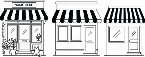 Storefront line vector set with small shops awnings windows doors retail buildings minimal outline business illustration collection