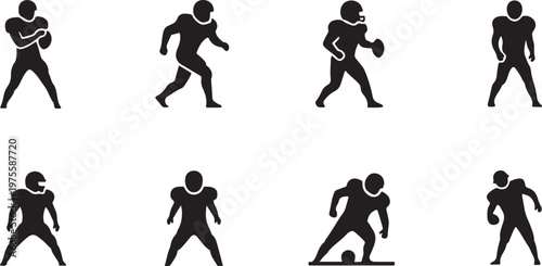 American football player silhouettes, set of 8 athlete icons in action poses, black sports vector graphics for team branding and tournament design