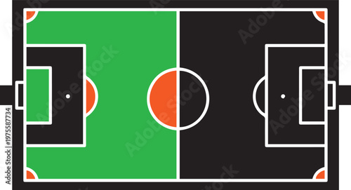 Minimalist soccer field top view vector, flat football pitch diagram with green and black halves, sports tactical board layout with orange accents