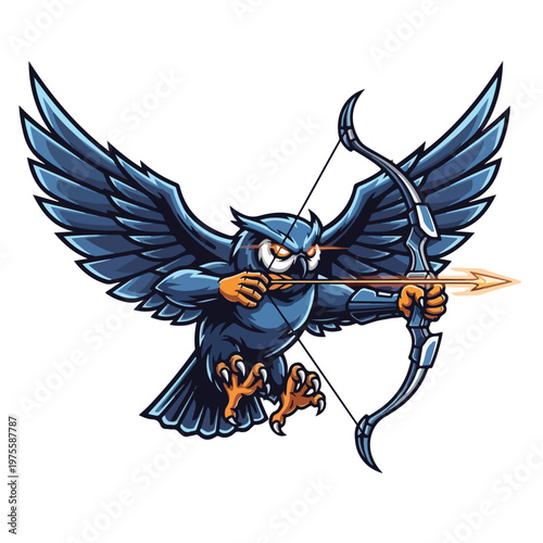 Owl archer in flight with bow and arrow