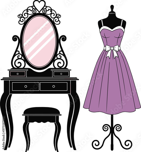 Vintage vanity table with mirror and elegant dress on mannequin vector fashion boutique interior illustration set