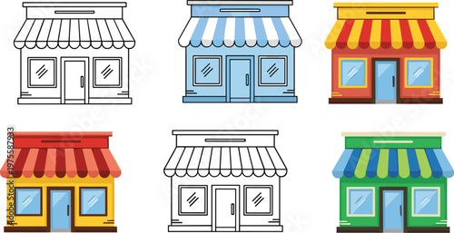 Colorful storefront buildings vector set with retail shops awnings windows doors business facade cartoon illustration collection