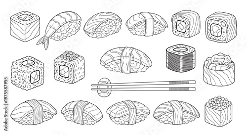 Comprehensive set of hand-drawn sushi and sashimi illustrations including rolls, nigiri, and chopsticks in a detailed line art style.