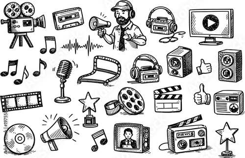 Hand drawn movie cinema doodle black line icons set vector illustration collection art
Hand Drawn Cinema Collection with Movie Camera, Clapper Board, Film Reel, Popcorn Box, Ticket and 3D Glasses Dood