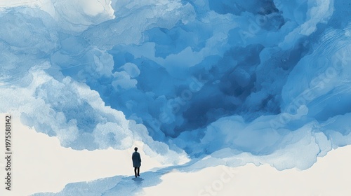 Solitary Figure Walks Through Vast Blue Abstract Clouds Sky Landscape Minimalist Artistic Style
