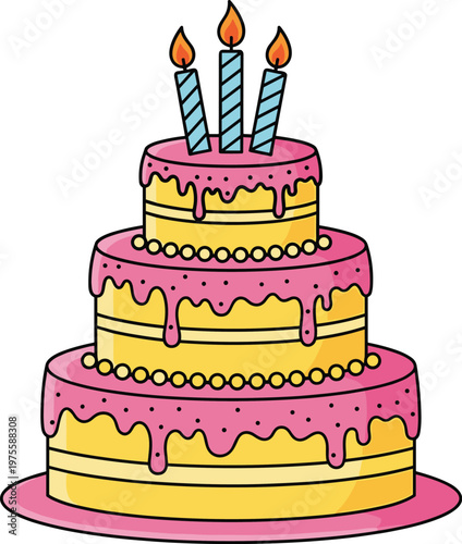 Birthday cake cartoon vector illustration with three candles layered dessert pink frosting celebration party sweet bakery design