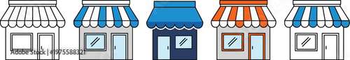 Small shop storefront vector set with awning retail buildings boutique facade store exterior minimal business icons collection