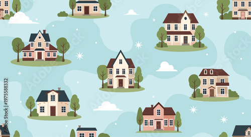 Seamless pattern of charming detached houses surrounded by trees and clouds against a light blue sky background in a clean flat style.