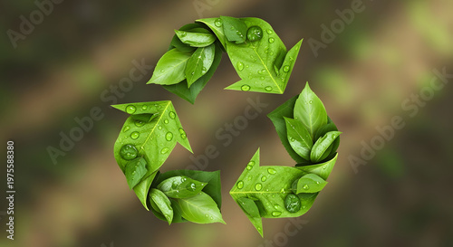 Eco-friendly recycling symbol made of green leaves in a circular loop, representing sustainability, environmental conservation, renewable resources, zero waste, and nature-inspired green living  